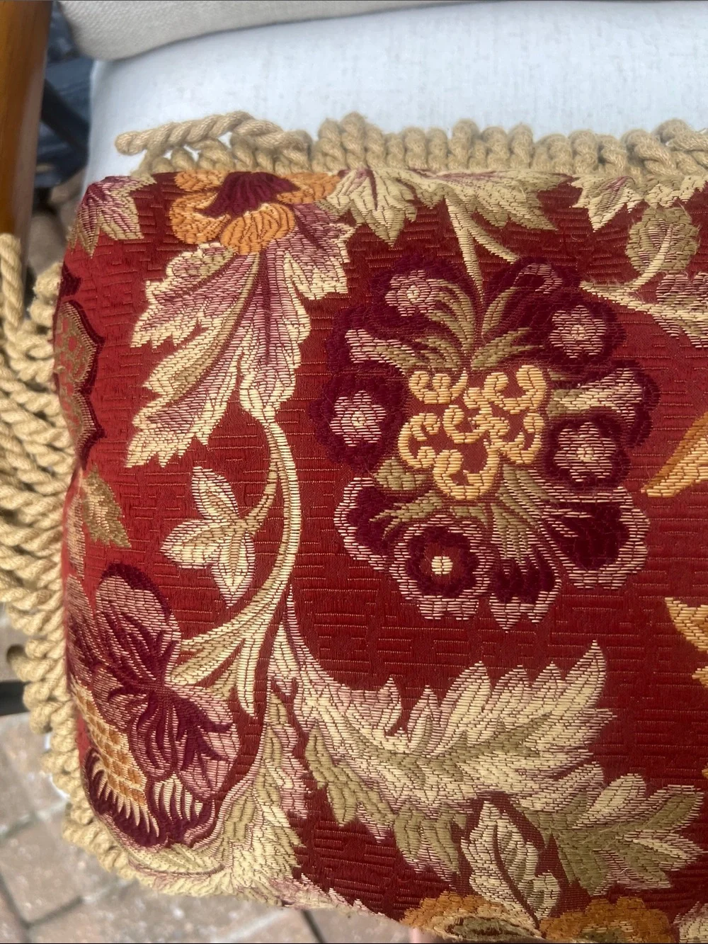 Custom Wine/Gold Floral Fringe Lumbar Shaped Pillow